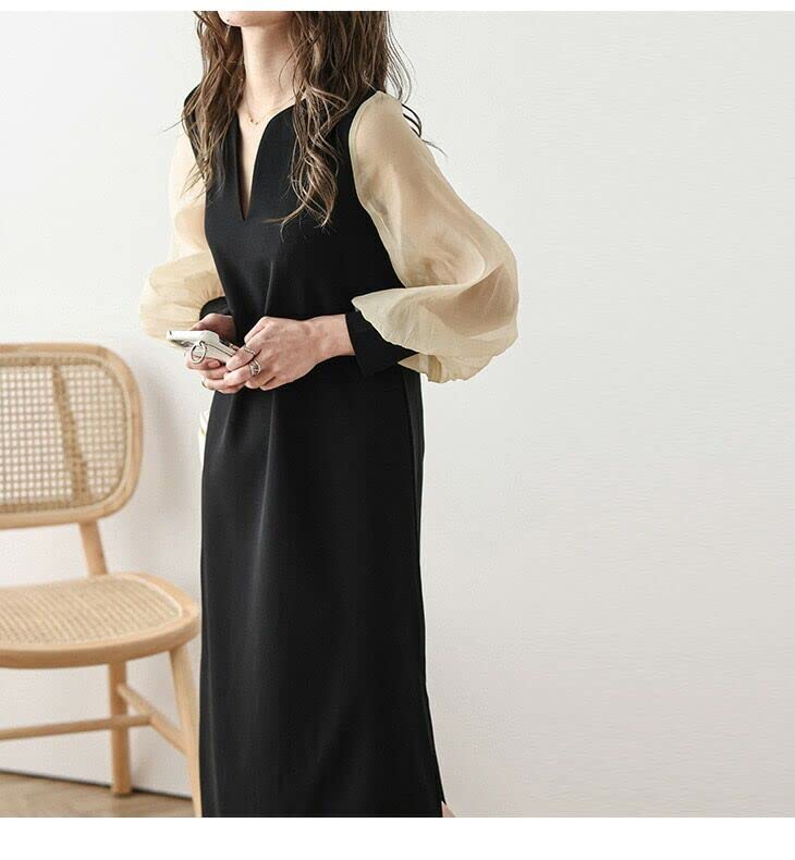 KKAERDIYA Chiffon Sleeve Slit Long Dress, Sheer, Neck, Sleeves, Women's, Spring/Summer (Size L, Beige)