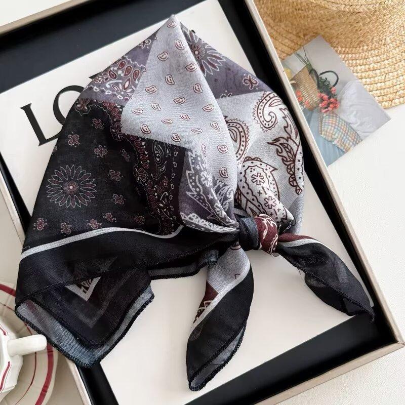 Cotton and linen geometric polka dots retro printed silk scarf women's square scarf high-end shawl sunscreen neck scarf headscarf scarf