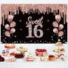 girl16Birthday Decoration Banner,Rose Gold Sweet 16 Birthday theme sign party supplies,16 Birthday background photo booth suitable for indoor and