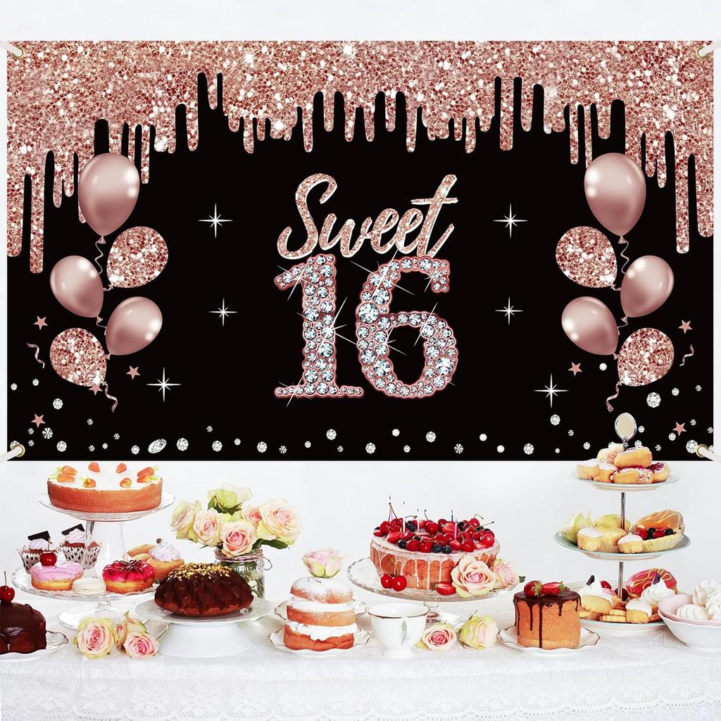 girl16Birthday Decoration Banner,Rose Gold Sweet 16 Birthday theme sign party supplies,16 Birthday background photo booth suitable for indoor and