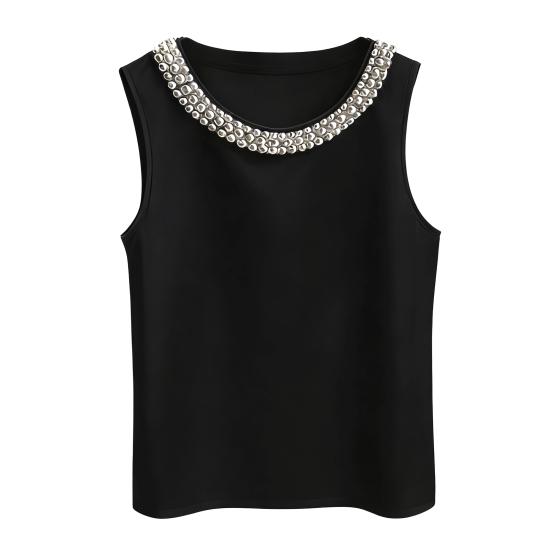 Damska kamizelka jedwabna satynowa bez rękawów z kołnierzem z sztucznych pereł luźny krój letnie topy formalne półformalne