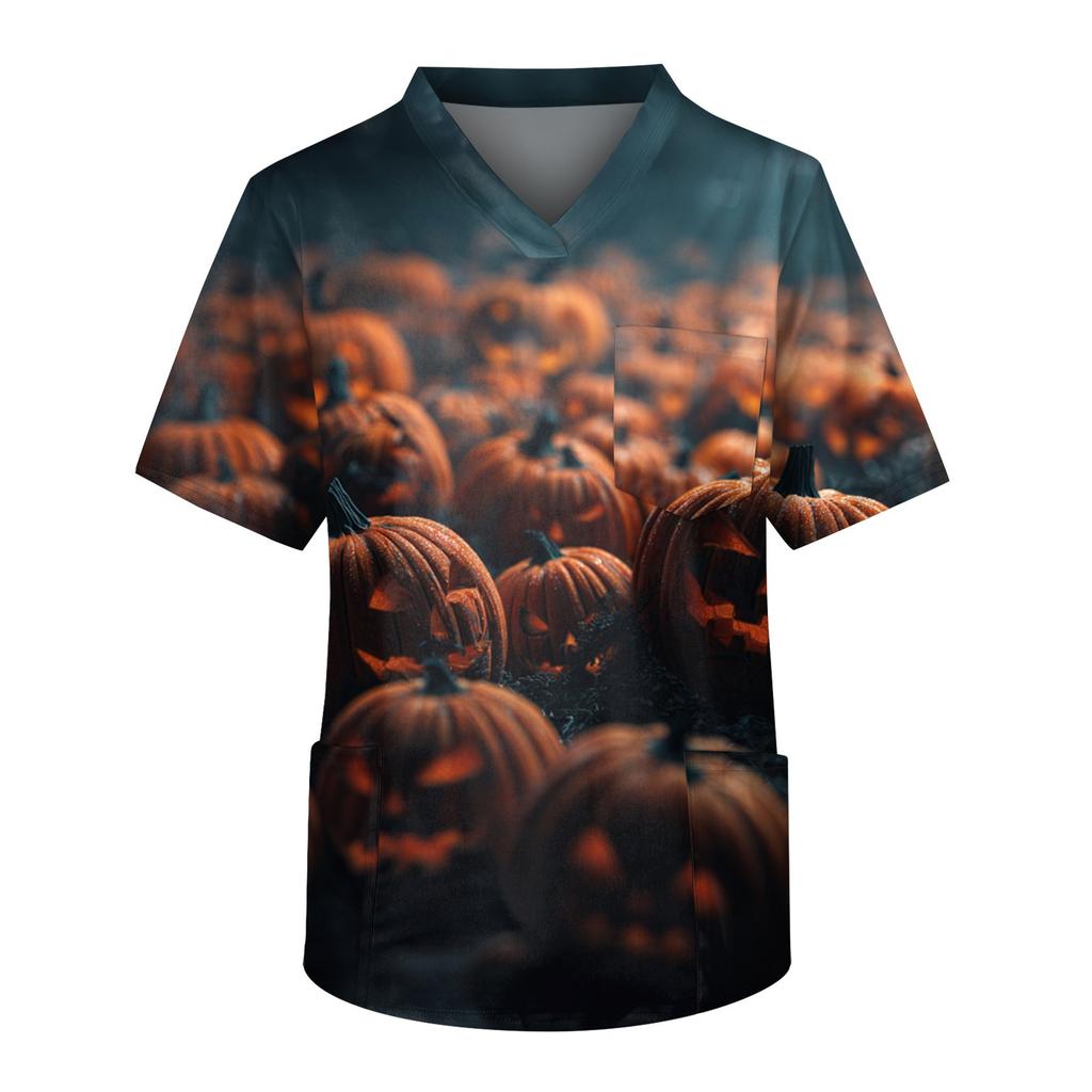 Men's Short Sleeve V-Neck Halloween Print Chest Pocket Care Top
