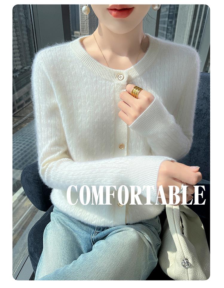 2026 Autumn/Winter Women's Soft Chunky Cable Knit Wool Cardigan Sweater - Round Neck Solid Color Top