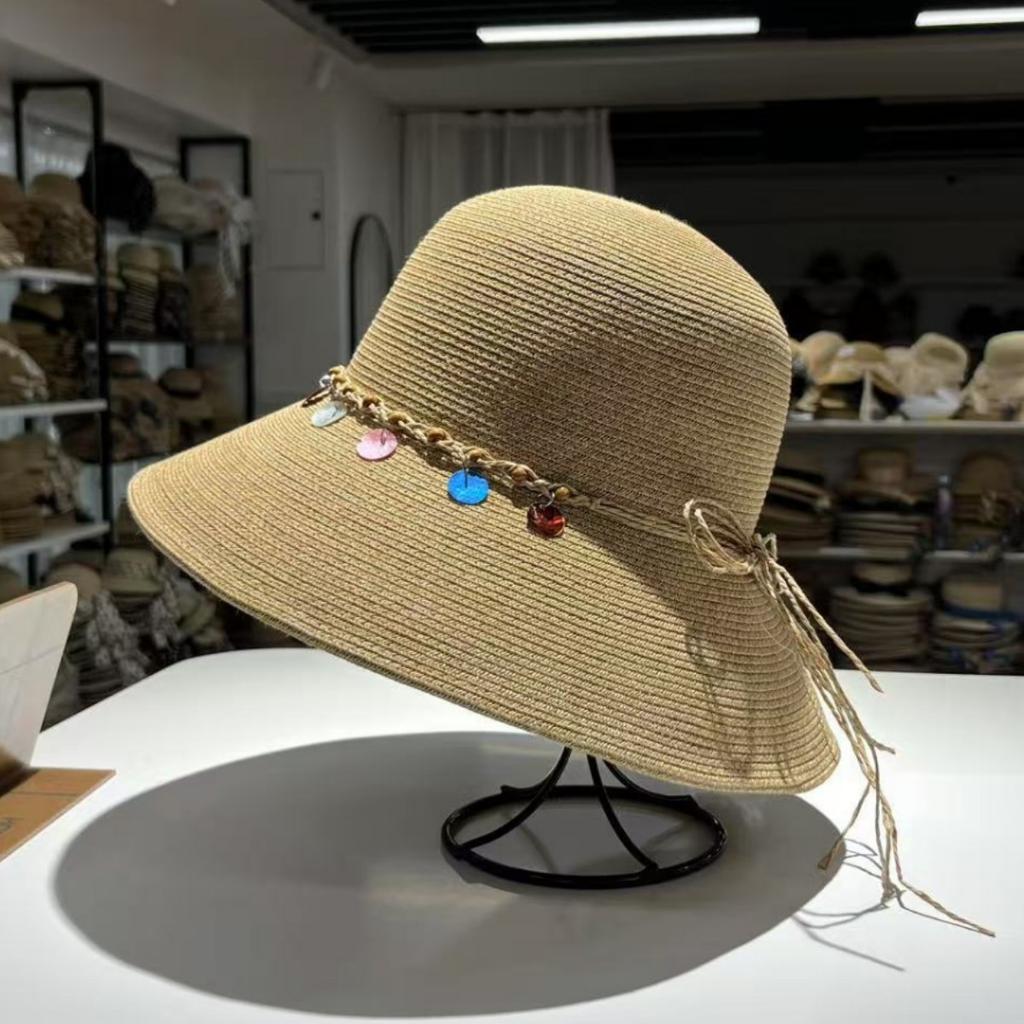 Counter quality pearl woven belt dome elegant straw hat sunshade summer outing wide brim top hat women's sunscreen hat