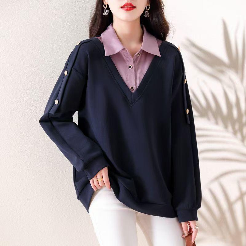 Fashionable and Versatile Polo Collar Two-piece Nail Bead Hoodie for Plus Size Women In Autumn