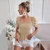 European & American Style French Square Neck Puff Sleeve Slimming T-shirt for Women - Summer Versatile Waist-Cinching Top.