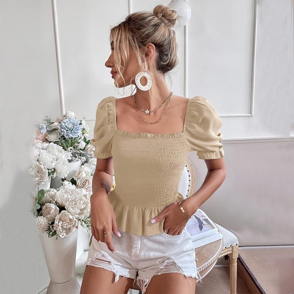 European & American Style French Square Neck Puff Sleeve Slimming T-shirt for Women - Summer Versatile Waist-Cinching Top.