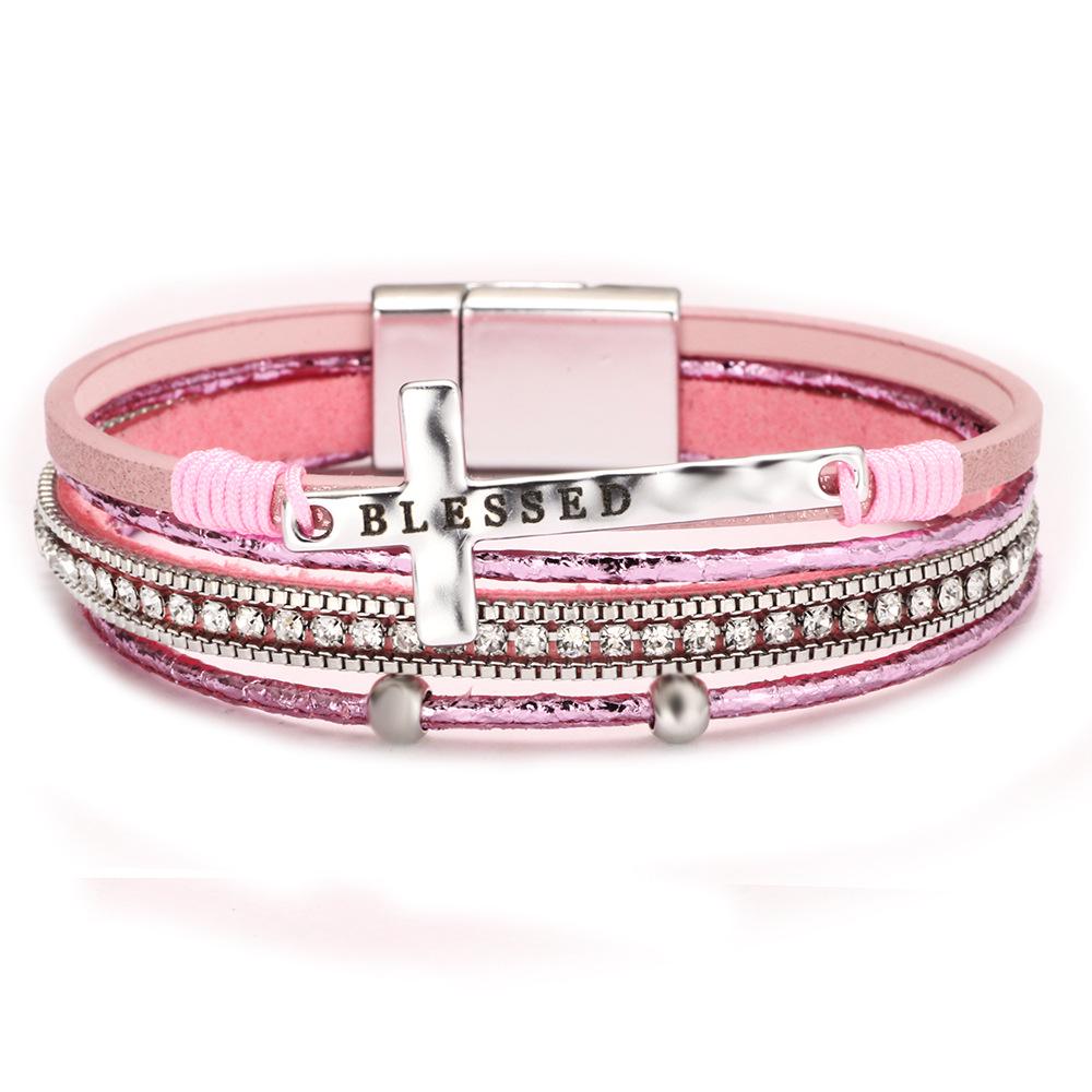 Bohemian Micro-Diamond Cross Bracelet with Magnetic Clasp & PU Leather