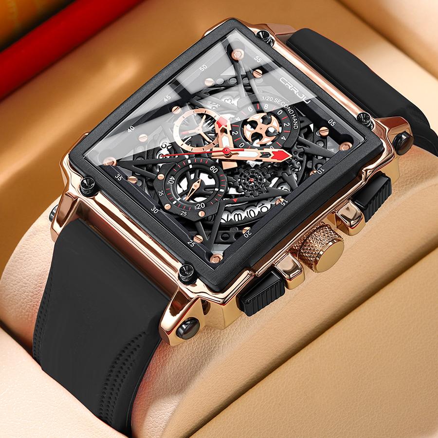 Men's Sports Chronograph Wrist Watch For Men Army Silicone Strap Square Quartz Stop Watch