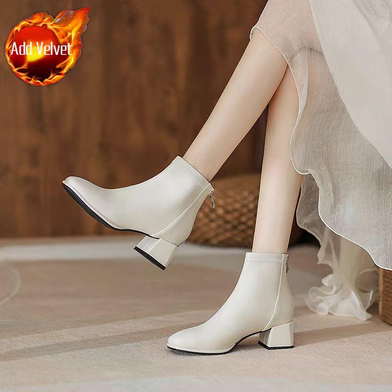 Elegant with Medium Heels Fleece-Lined Leather Booties Autumn Winter Square Toe Women's Ankle Boots New In Female Short Shoes