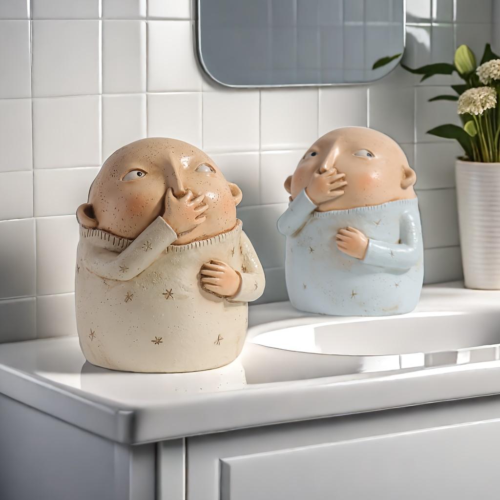 Funny Nose-Pinch Boy Statue - Whimsical Cream & Blue Resin Decor. Playful Desk Art & Perfect Gift!