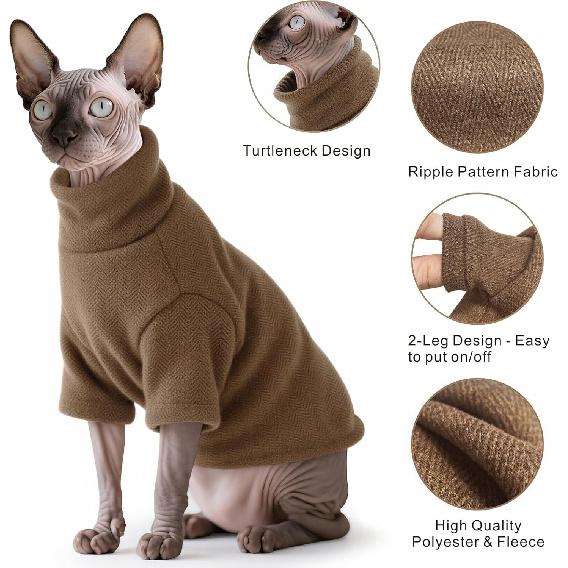 Idepet Sphynx Cat Warm Turtleneck Sweater Hairless Cats Shirt Pullover Kitten T-Shirts Thick Soft Fleece Clothes Cute Outfit Coat Pajamas for Cats
