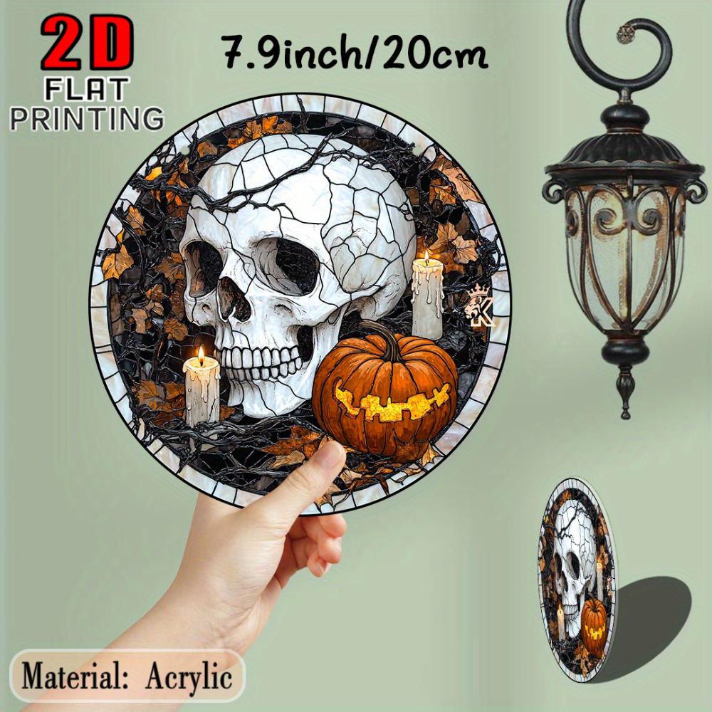 Halloween Skull and Pumpkin Stained Glass Pendant Sun Catcher -  Acrylic Garden Decoration with Candles and Fall Leaves, Outdoor Halloween Decoration,