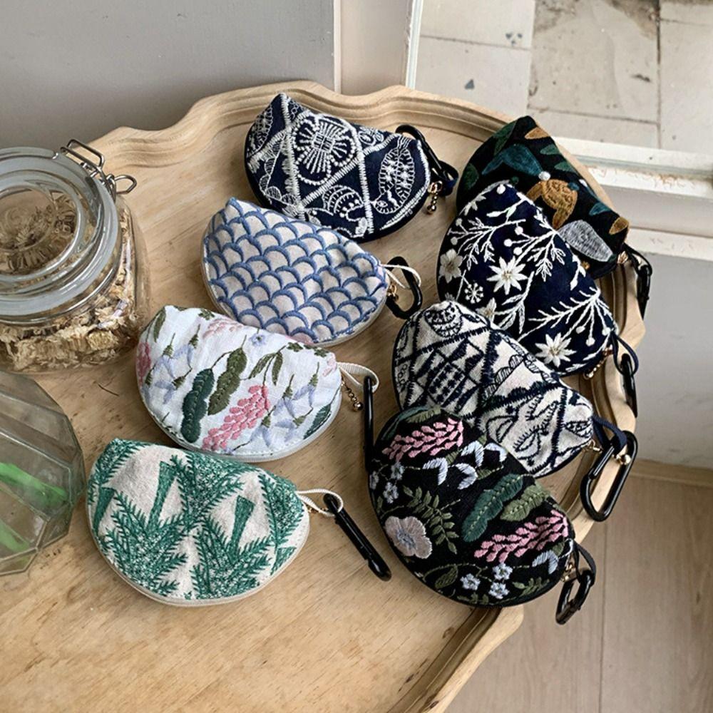 Cute Embroidery Storage Bag Flower Ethnic Coin Purse Cotton Linen Card Holder Small Cosmetic Bag Student