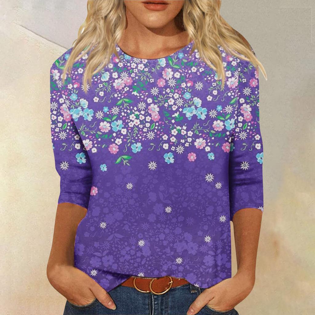 Vår och Höst Rundhals Blommönster 3D Kreativ Personlig Färgglad Tryckt Topp Trendig Casual Långärmad Dam T-shirts