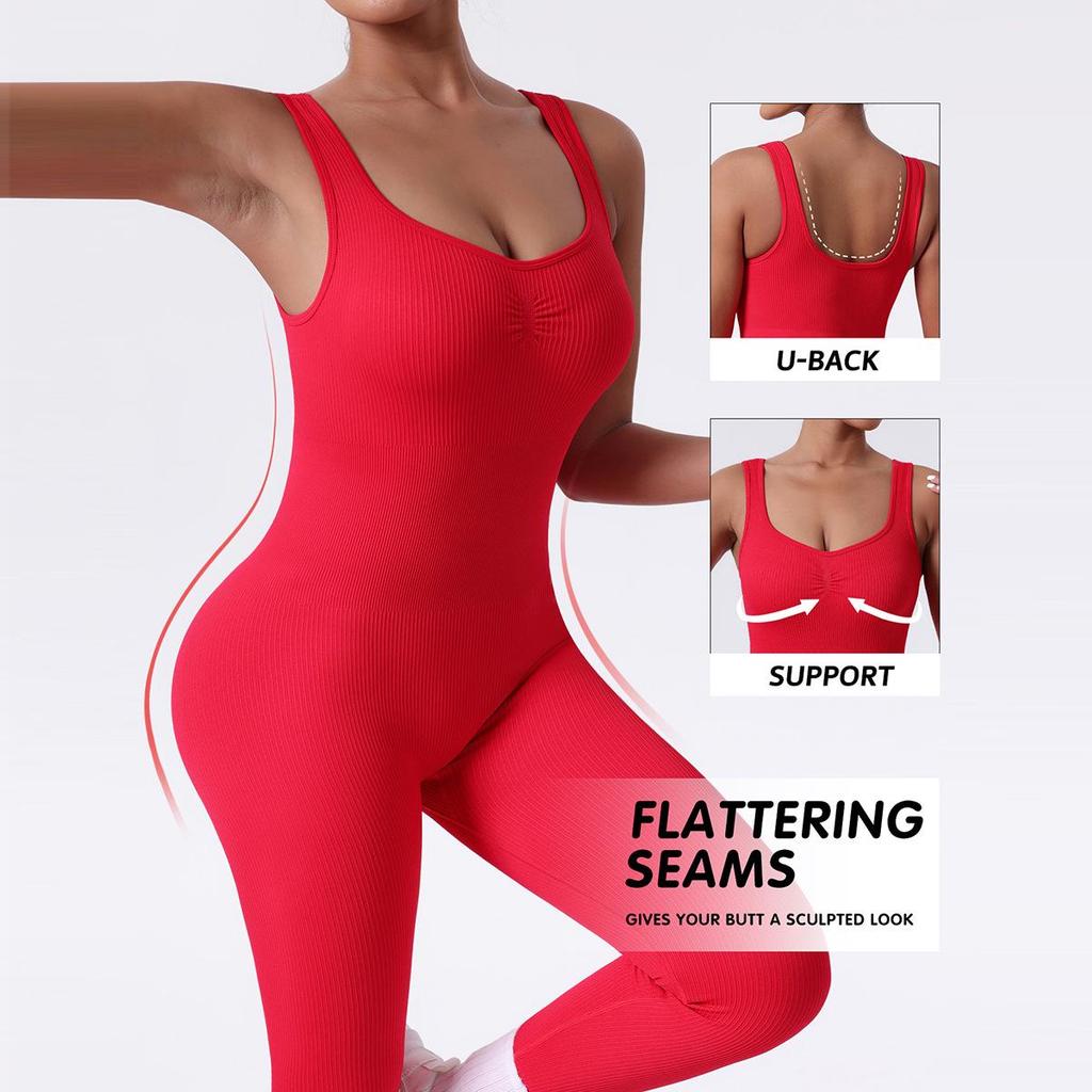 Seamless Ribbed V-Neck Backless Jumpsuit with Double Straps - Women’s Sport Body Shaping & Butt Lifting Yoga Suit