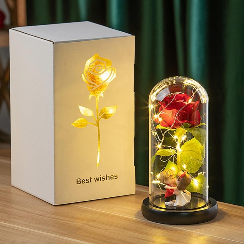 Artificial Rose Flowers Eternal Flower In Glass Cover Rose Light Wedding Birthday Gift Valentine'S Day Luminescence Ornaments