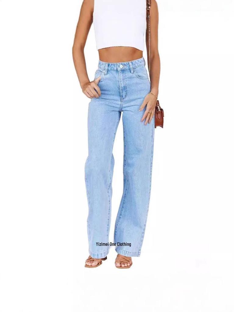 Women's 2025 New Arrival Elastic Wide-Leg Straight Denim Fashionable Washed Jeans