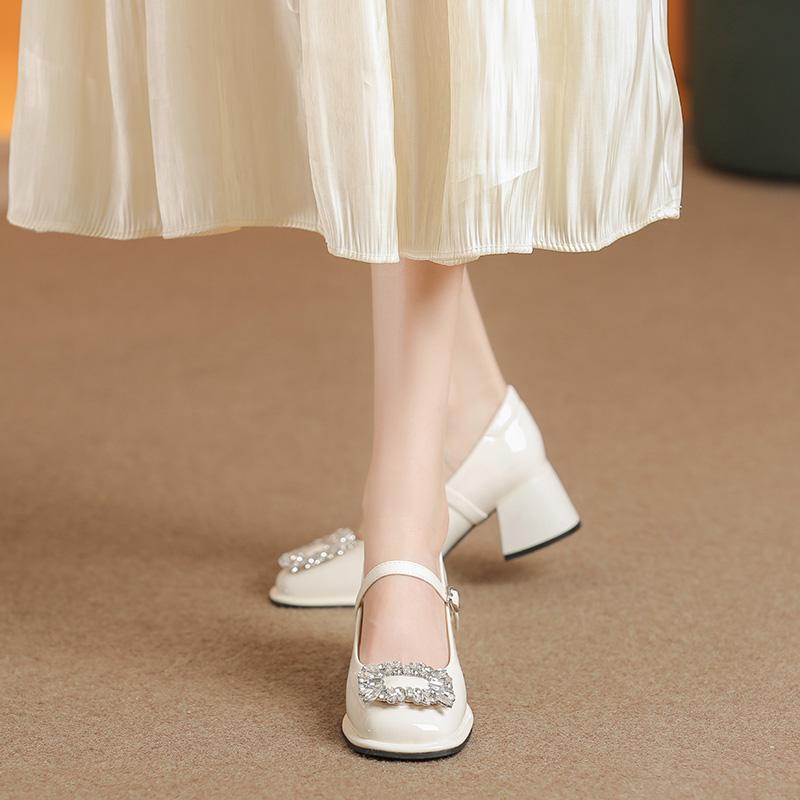 Shallow Rhinestone Mary Jane Shoes Women's French Retro Thick Heel with Daily Skirt High Heel Red Bridesmaid Shoes