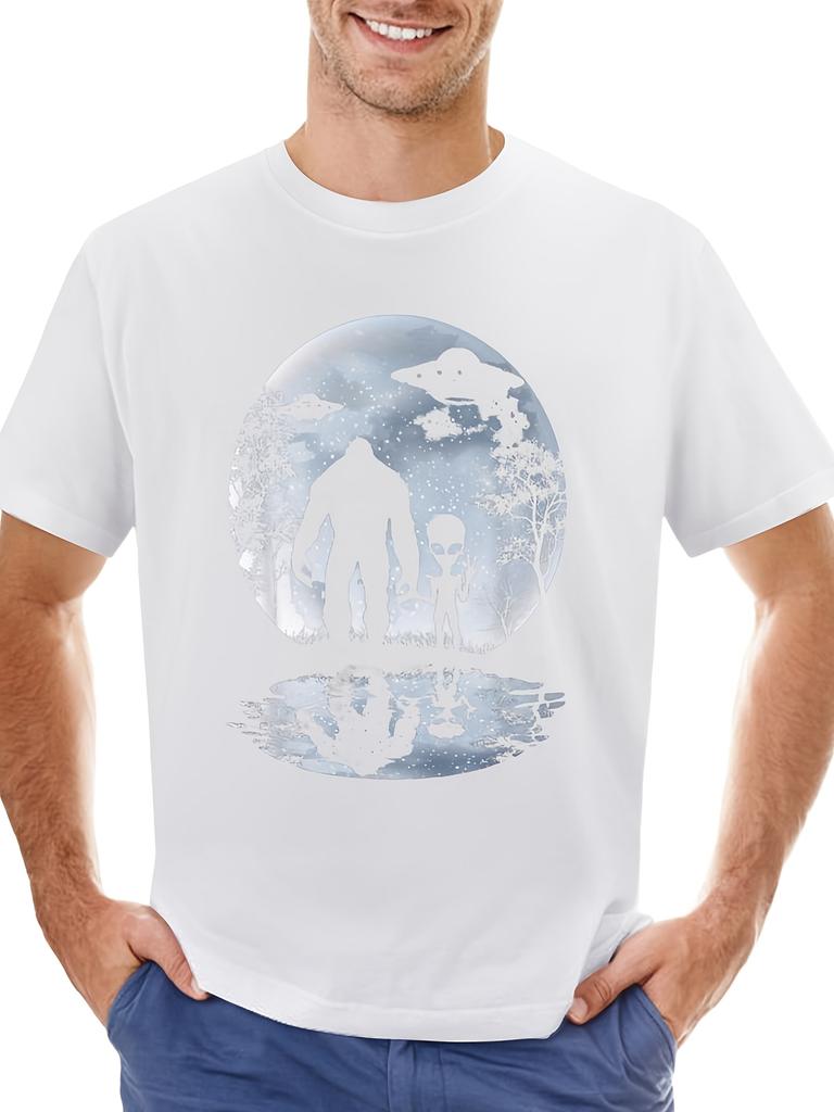 Miękki, wygodny męski T-shirt z nadrukiem Księżyca, Sasquatcha, UFO i Istoty Pozaziemskiej, Stylowy letni T-shirt