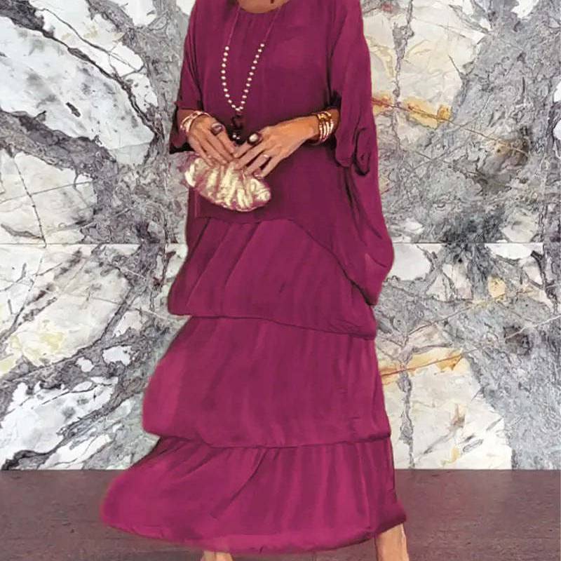Abito Lungo in Chiffon di Poliestere con Maniche a Pipistrello, Volant e Vita Larga per la Moda Primaverile
