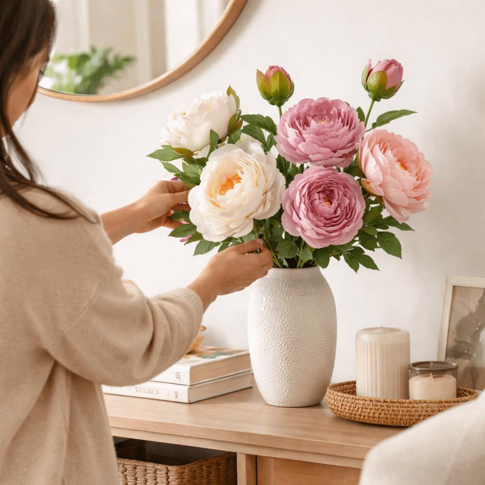 2 Heads Silk Peony Fake Flowers Silk Cloth Fake Flowers Bouquet  Table Centerpiece