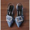 Women Thin High Heeled Sandals Fashion Denim Rhinestone Slingback Stilettos Woman Pumps Pointed Toe Party Woman Shoe Zapatos