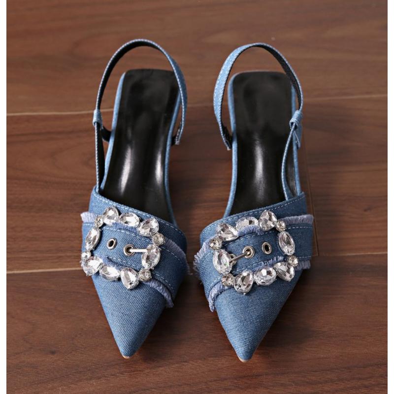 Women Thin High Heeled Sandals Fashion Denim Rhinestone Slingback Stilettos Woman Pumps Pointed Toe Party Woman Shoe Zapatos