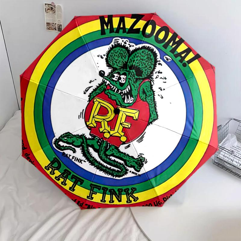 

1pc Rat Fink pattern Umbrella Portable Folding Umbrella Iron Frame Hole Bone Structure Outdoor Home Umbrella разноцветный