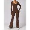 Cross Border Women's Autumn and Winter Long Sleeved U-neck Backless Slim Fit and Hip Lifting Sexy Sports Yoga Jumpsuit from Europe and America