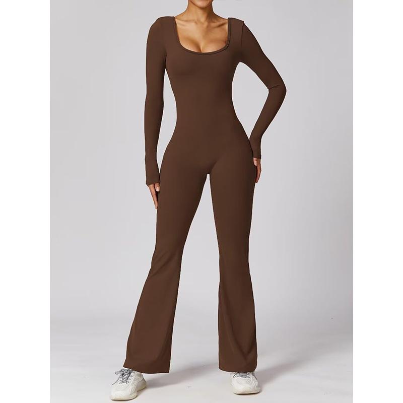 Cross Border Women's Autumn and Winter Long Sleeved U-neck Backless Slim Fit and Hip Lifting Sexy Sports Yoga Jumpsuit from Europe and America