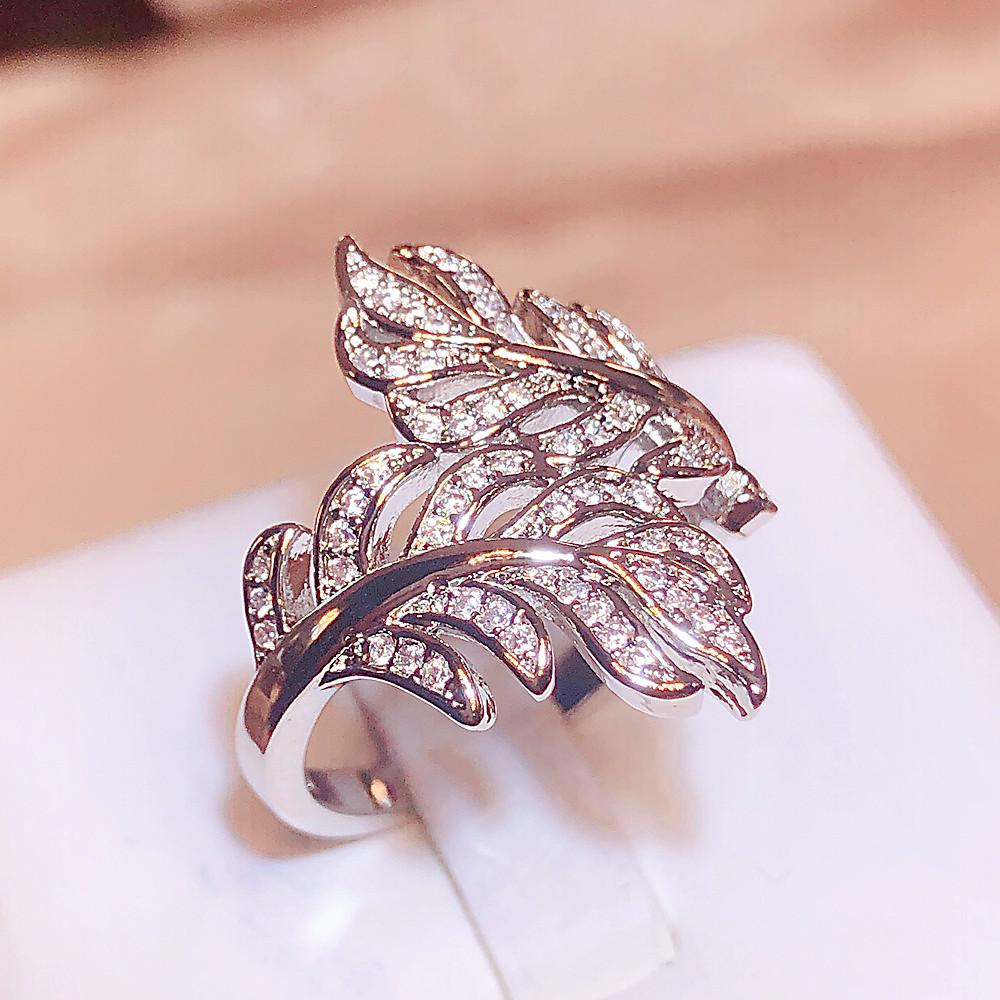 Graceful Leaves Both End of Open Ring Silver Color Girl Cocktail Party Rings Shine Crystal Zircon Fashion Women Jewelry Luxury Birthday Party Jewelry