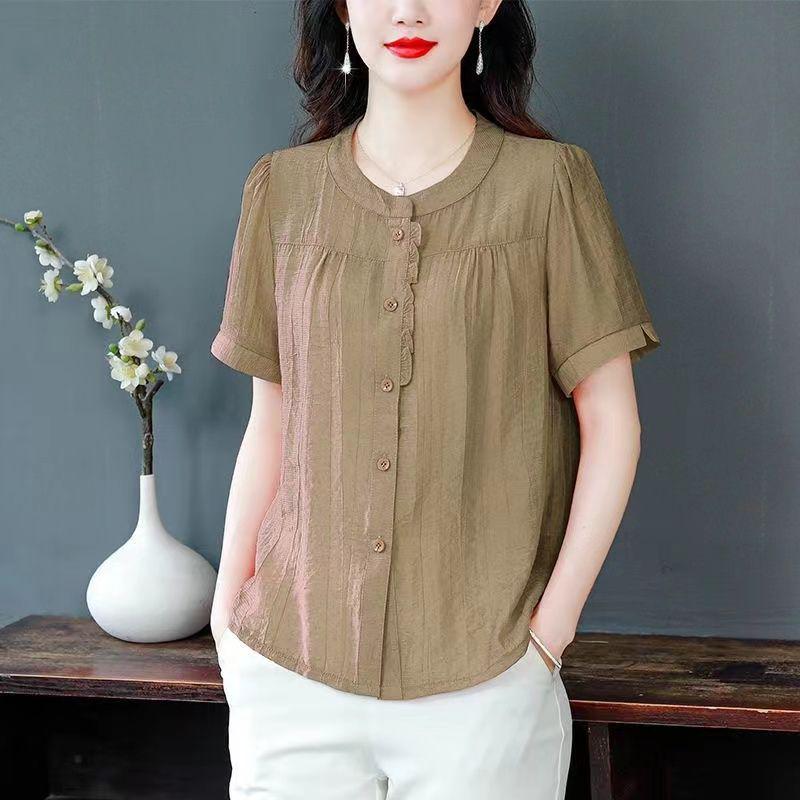 Spring/Summer 2025 Cotton-Linen Loose Slimming Round Neck Solid Color Blouse for Moms
