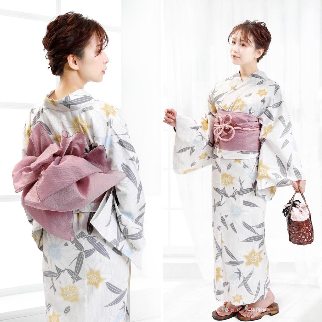 Yukata Lily Cream In [Fuuka] 2-piece Set, Ladies' One-size-fits-all, (Hyogo Obi/made Japan/mauve)X1416B255