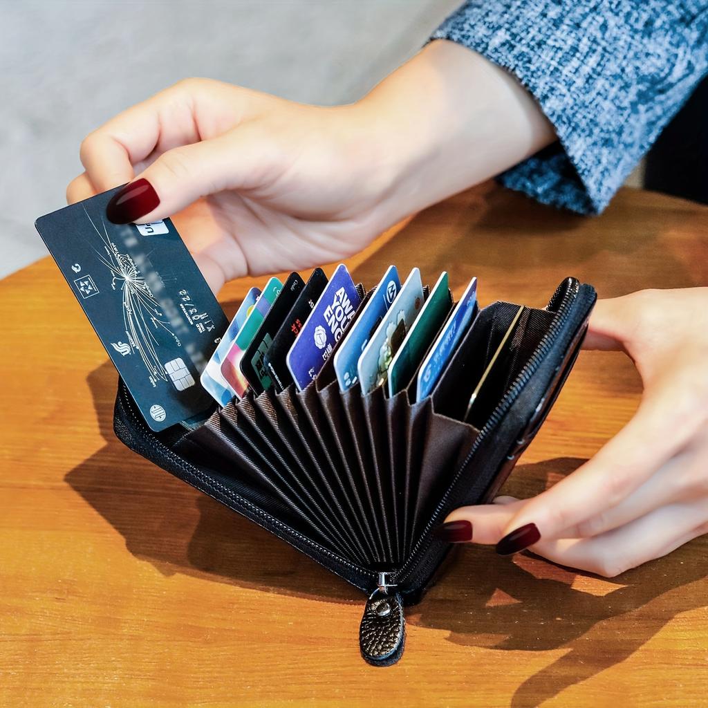 Credit Card Wallet with 12 Card Holder for Men Women Ladies Walletsipper, Genuine Leather Anti-Theft Credit