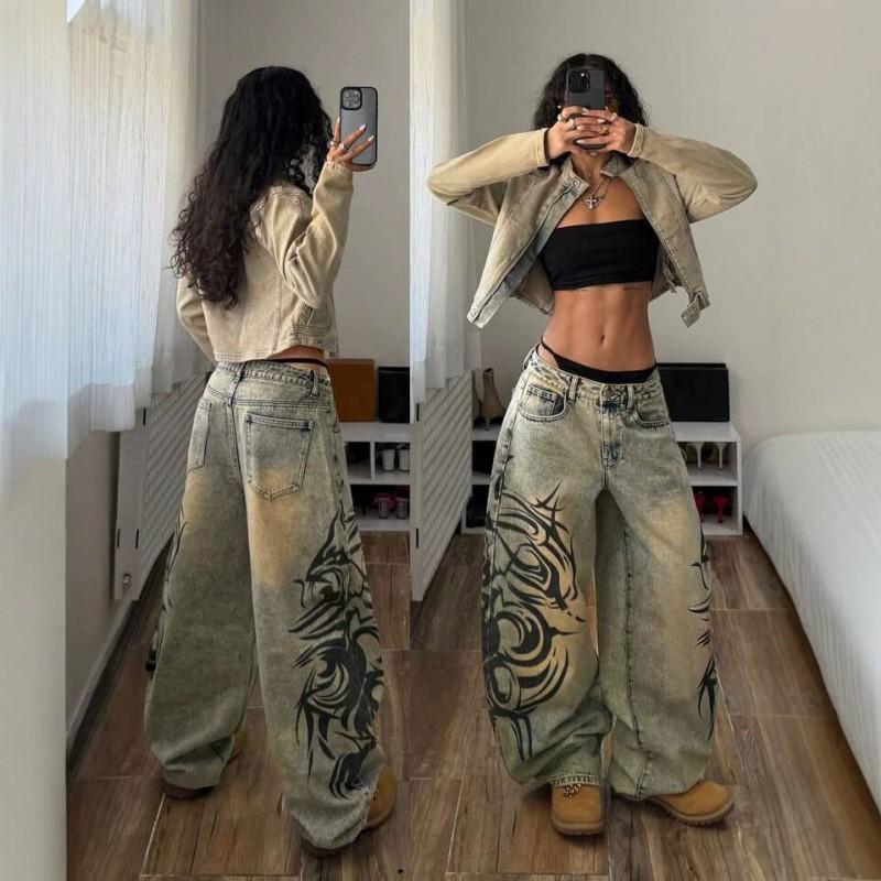 High-Waisted Washed Denim Jeans Women - Straight Leg Street Style Printed Casual Wear