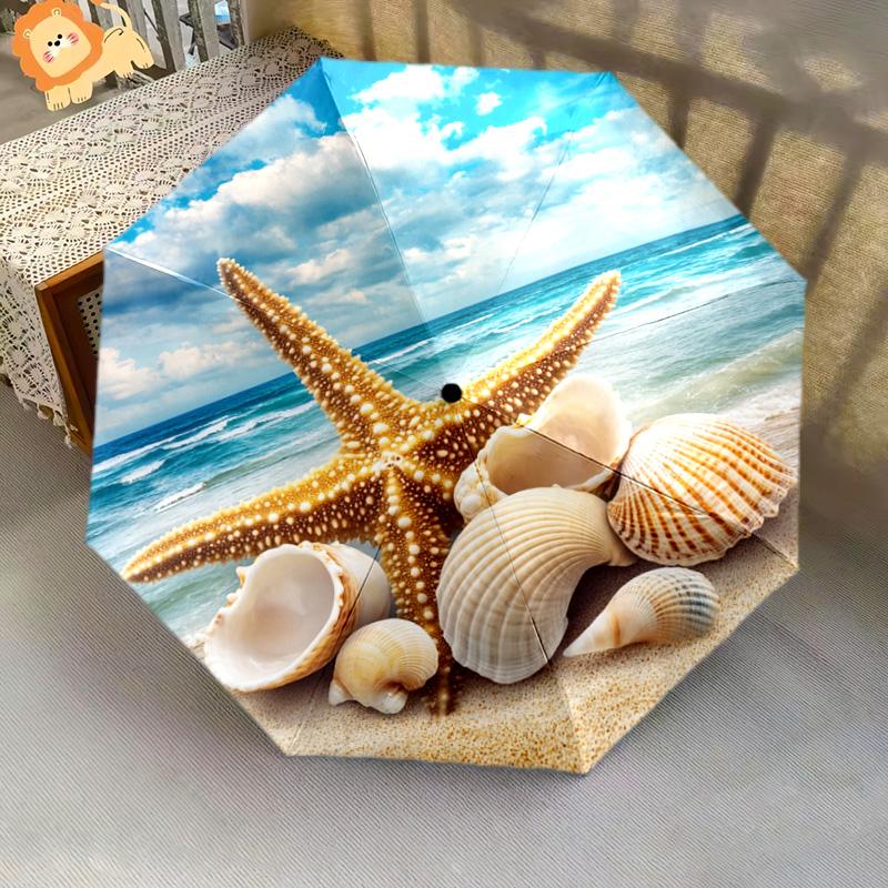 1 PC Automatic Folding Umbrella - Starfish Shells Pattern, Portable & Foldable Design with 8 Ribs, Christmas Birthday Gifts