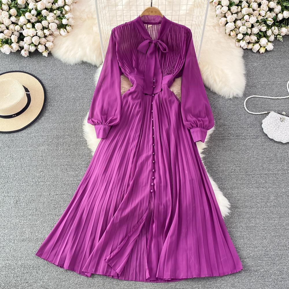 Herbst Vintage Frauen Langes Kleid Elegante Bogen Kragen Laterne Ärmel Einreiher Plissee Maxi Weibliche Rot Lila Kleider