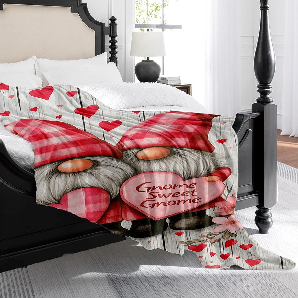 1pc Gnome Sweet Gnome Checkered Plaid Flannel Blanket - Heavyweight Quilted Bedspread with Swedish Gnome Couple & Hearts, Soft
