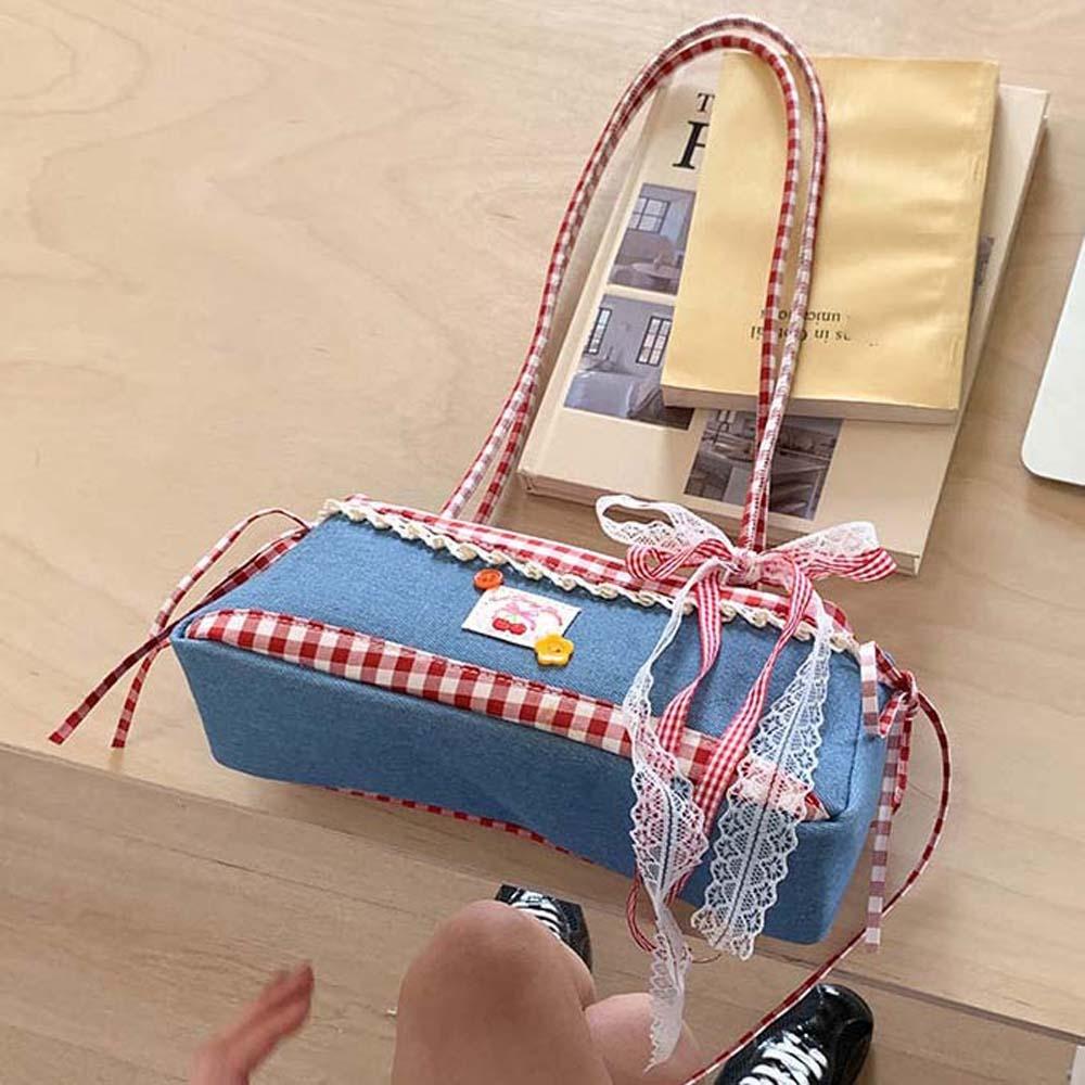 Denim Blue French Stick Handbag Sweet Cloth Underarm Bags All-match Plaid Shoulder Bag Women