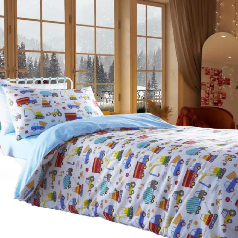 Car Trucks Diggers Cartoon Pattern 3d Digital Printed Bed Set With Polyester Cotton For Kids Bedroom Decor