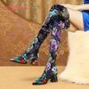 Aphixta Over the Knee Boots Embroider Flower Square Heels Shoes Women's Long Shoes Casual Pointed Toe Long Boots Women