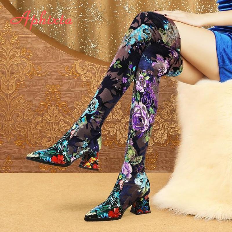 Aphixta Over the Knee Boots Embroider Flower Square Heels Shoes Women's Long Shoes Casual Pointed Toe Long Boots Women