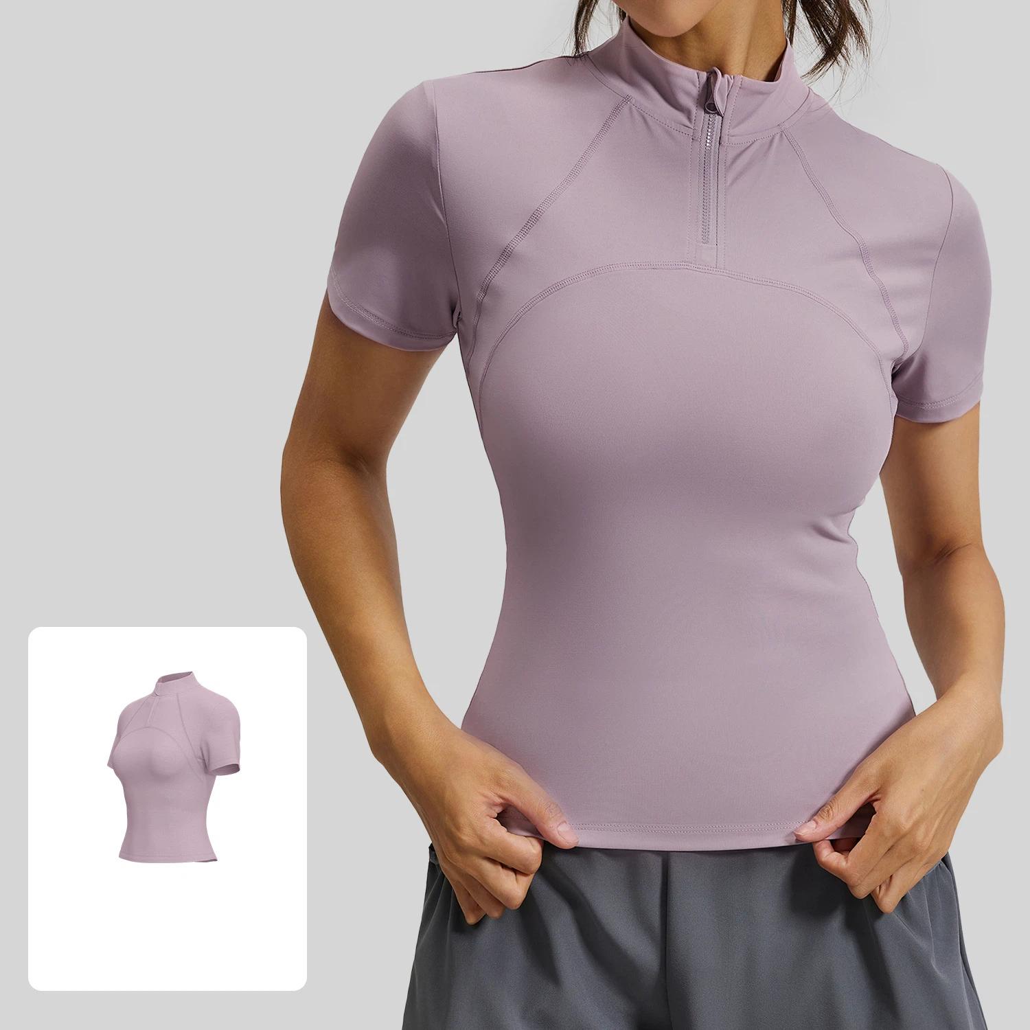

Summer New Outdoor Running Yoga Short Sleeved T-shirt Women Half-zip Slimming High Elastic Fitness Clothing Top XXL