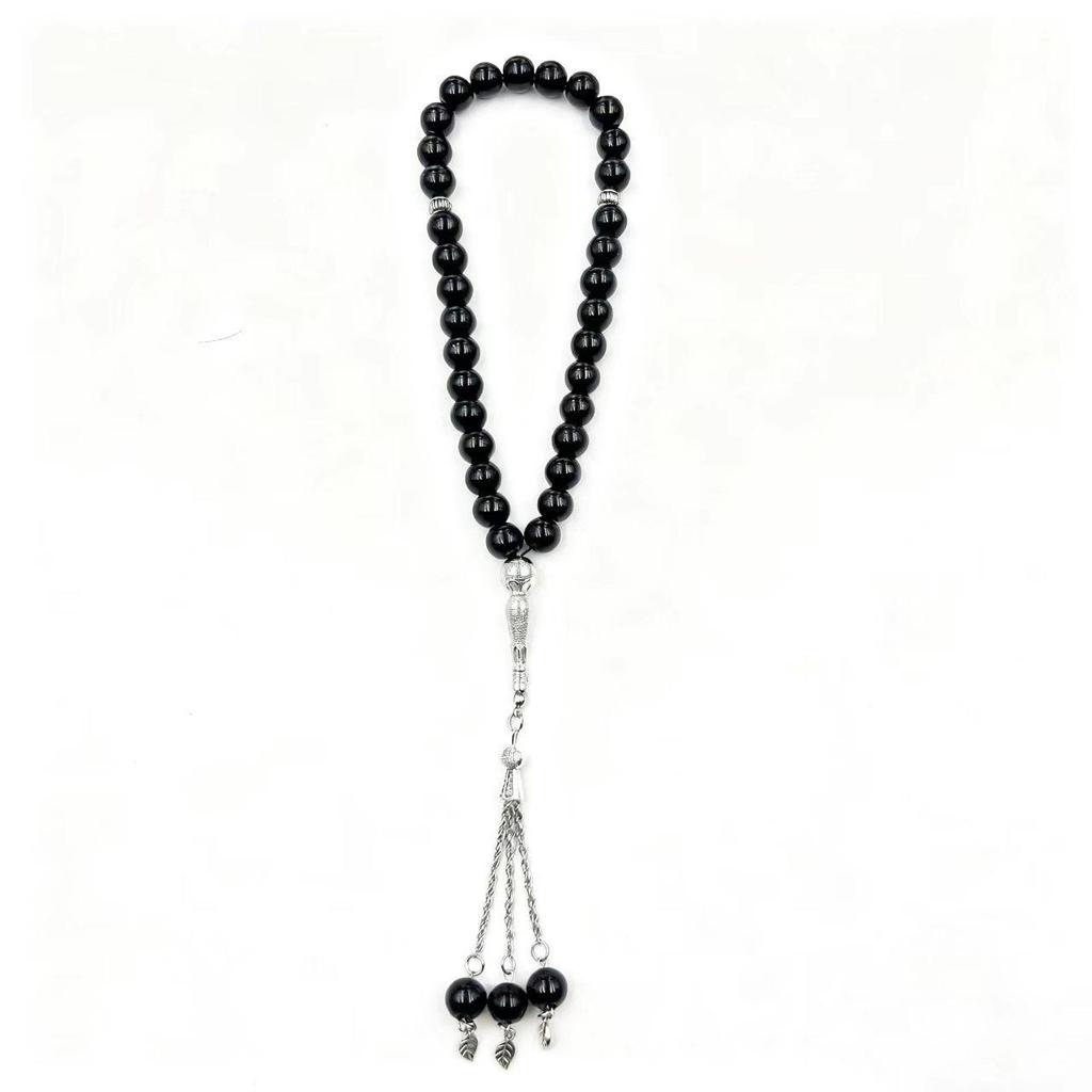 Multi-color Imitation Agate Glass Prayer Beads Bracelet with Silver Tassel - 33 Bead Ethnic Style Ornament.
