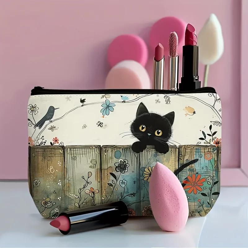 Black Cat Floral Zipper Pouch - Durable Floral Design Zipper Pouch,Cosmetic Bag with Vibrant Illustration,Portable Makeup Pouch