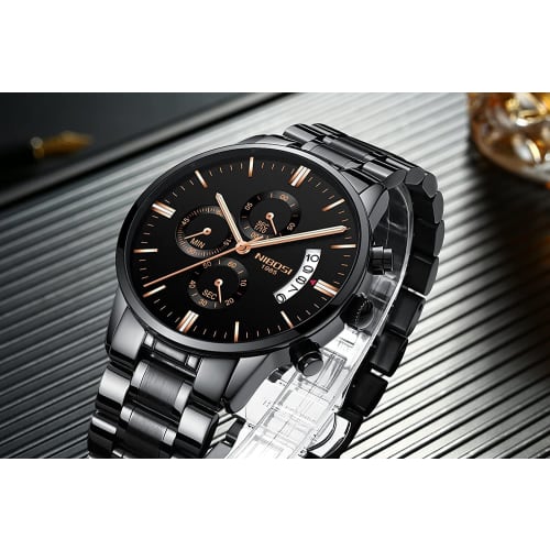 NIBOSI Men's Business Watch, Black, Big Face, Chronograph, Analog, Stylish, Casual, Metal Band, Stainless Steel, Date Display, Fluorescent, Luxury, Fa