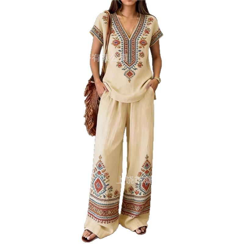Y116 Summer Loose Top Wide-leg Pants Two-piece Women's Clothing European and American Fashion Suit