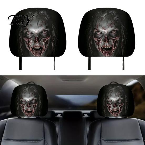 Funny Prank Car Accessories 2Pcs Ghost Face Headrest Covers, Halloween Horror Seat Decorations, Holiday Atmosphere Decor Universal Fit