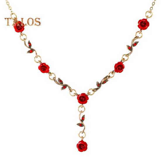 3 Pcs/Set Red Rose Jewelry Set Floral Theme Romance Vintage France Style Valentines Day Mothers Day Present Earrings Adjustable Rhinestone Necklace